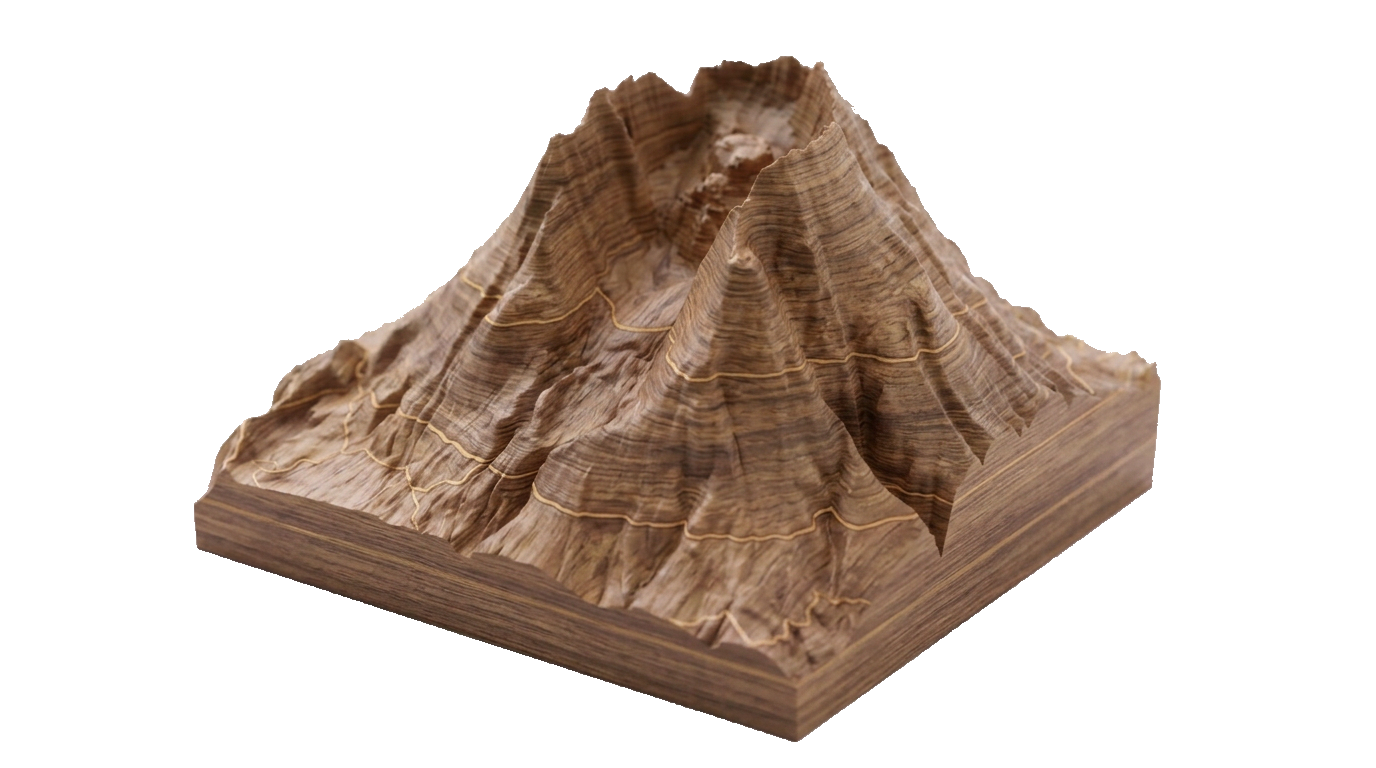 CNC-carved wooden terrain relief with layered wood grain