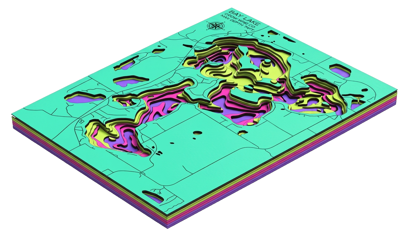 Layered bathymetric lake map with stacked water-depth contours