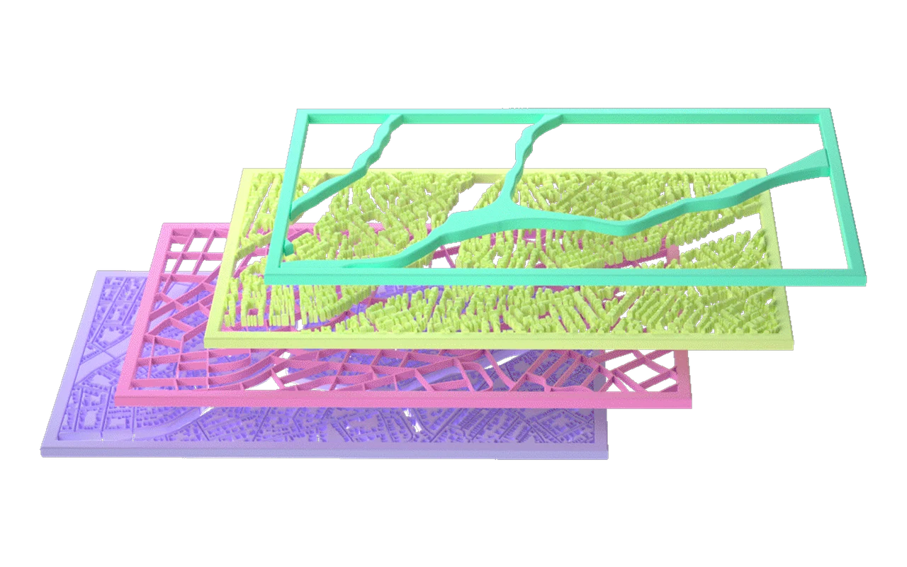 Stacked layered vector map with engraved street, building, and terrain layers