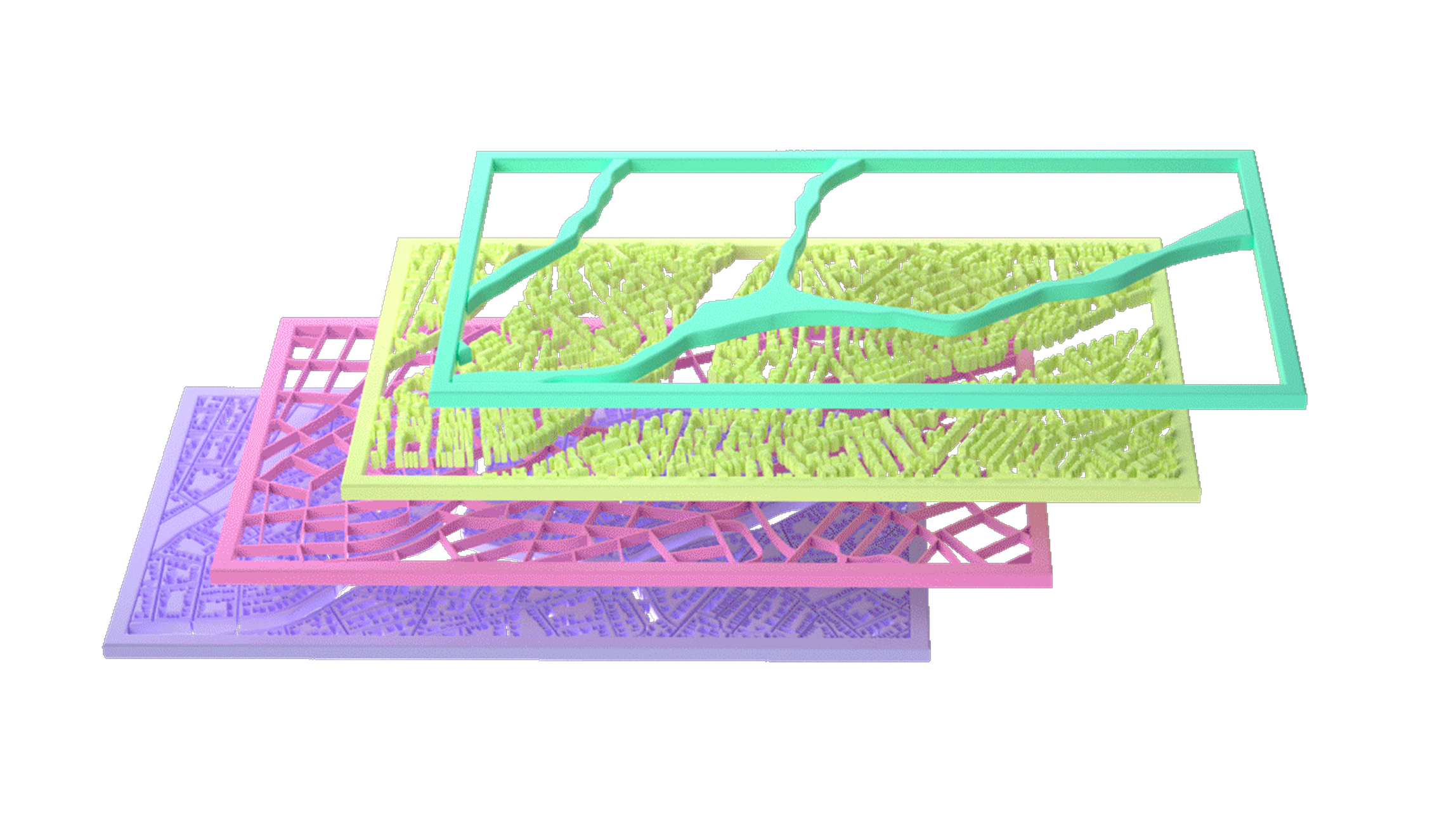 Stacked layered vector map — engraved street, building, and terrain layers