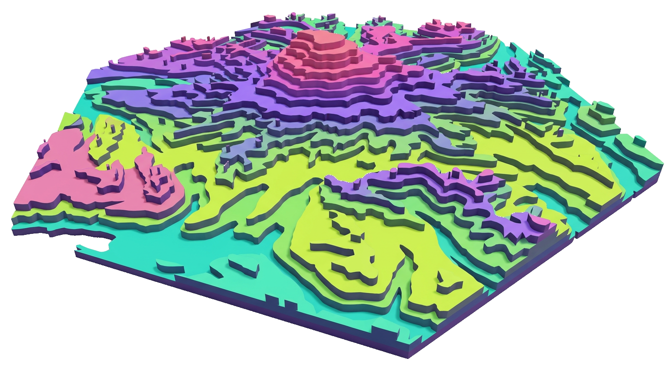 Layered topographic relief map with stacked contour layers